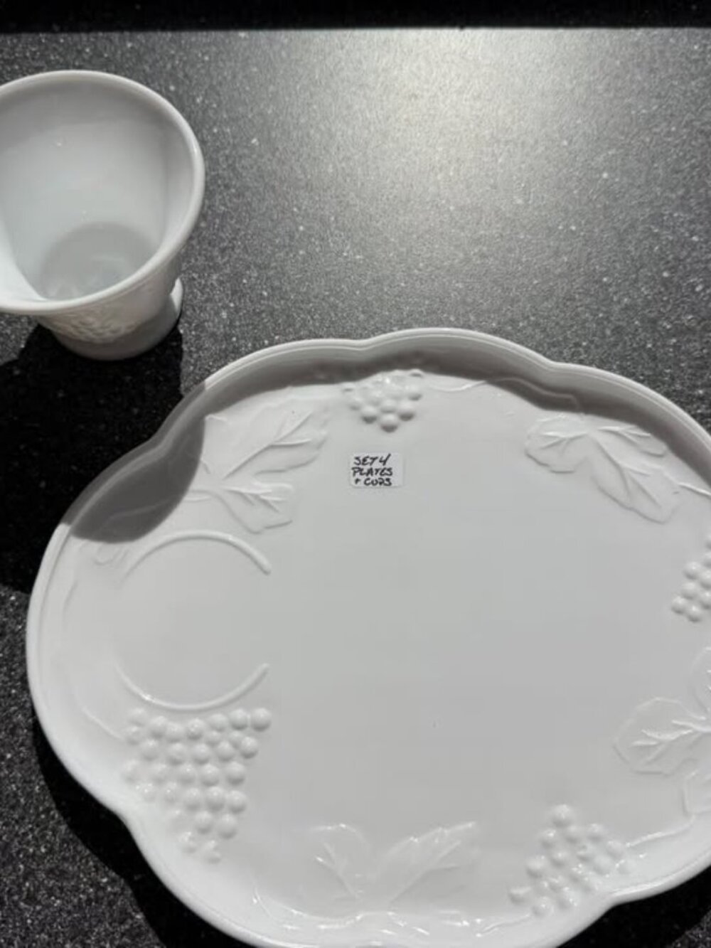 Vintage White Milk Glass Snack Set – 4 Cups & 4 Grape Pattern Plates - Picture 6 of 8